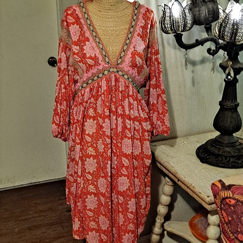 Free People Red and Pink Floral Long Sleeve Dress